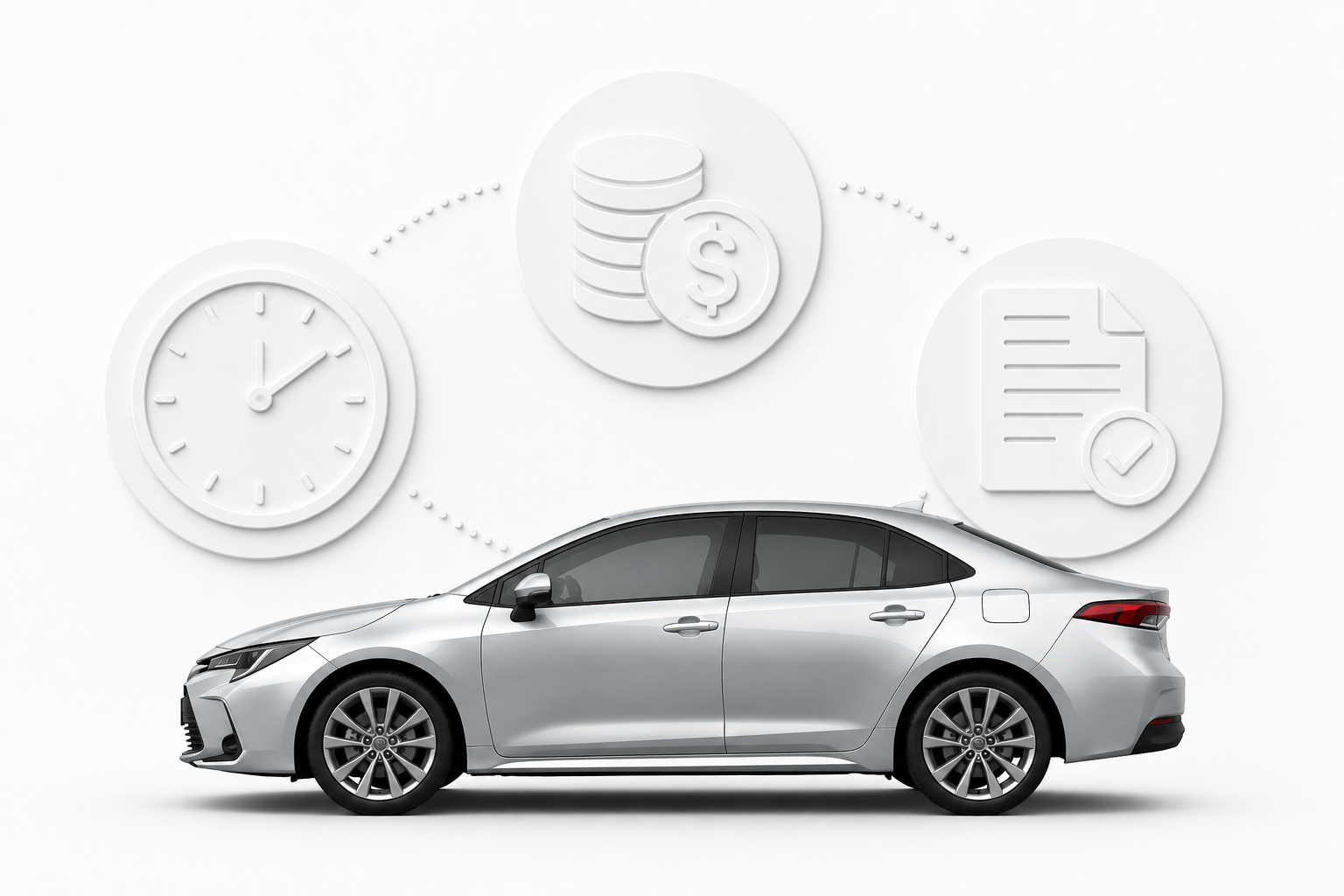 Toyota Corolla jako symbol porovnání možností prodeje auta s ikonami času, ceny, dokumentů a administrativy při prodeji vozidla